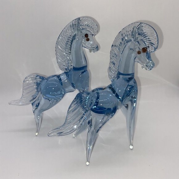 Vintage Mexican Art Glass Horse Blue And Clear Hand Blown 9" Rearing Stallion - Picture 1 of 12